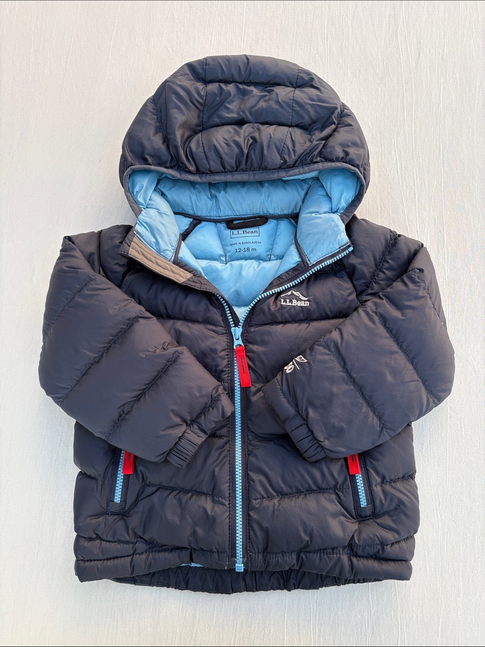 L.L. Bean Toddler Ultralight 650 Down Jacket 12-18M Navy Puffer Hooded Coat